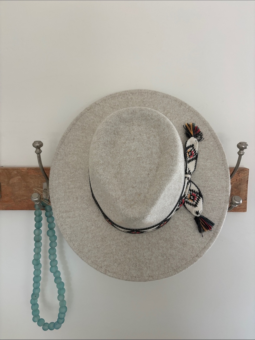 C.C Light Oatmeal Heather Wide Brim Felt Hat with Woven Tribal Band.